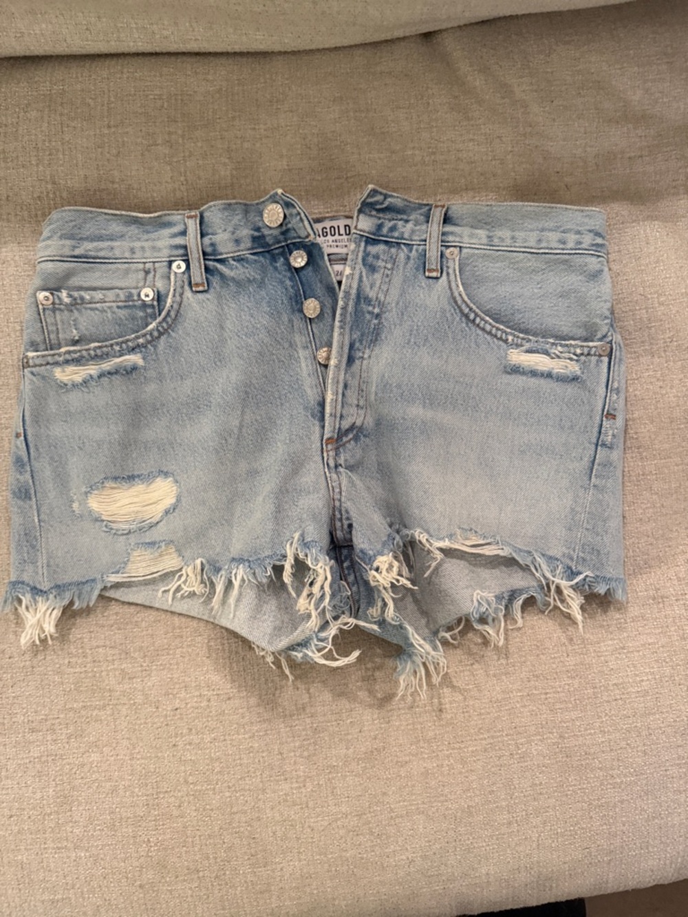 Agolde Light Blue Distressed Frayed Denim Shorts